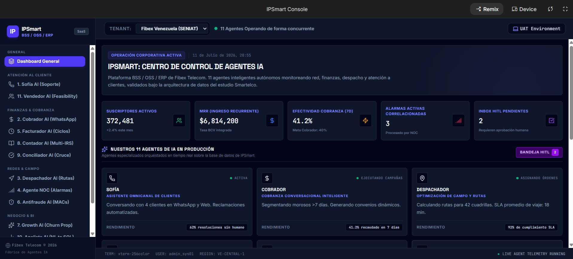 Centro de control de IPSmart mostrando los 11 agentes de IA operando y los KPIs del ISP en tiempo real